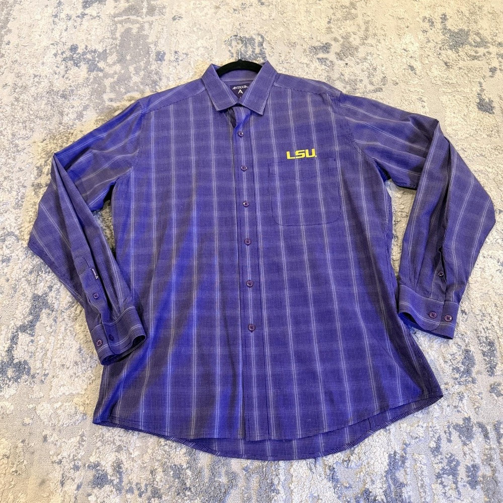 LSU Tigers Shirt Mens Large Purple NCAA Long Sleeve Antigua Plaid Button Up